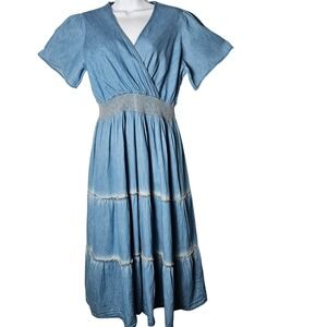 Indigo & Lace Denim Chambray Tiered Midi Dress Blue Western Boho Cowgirl Size L